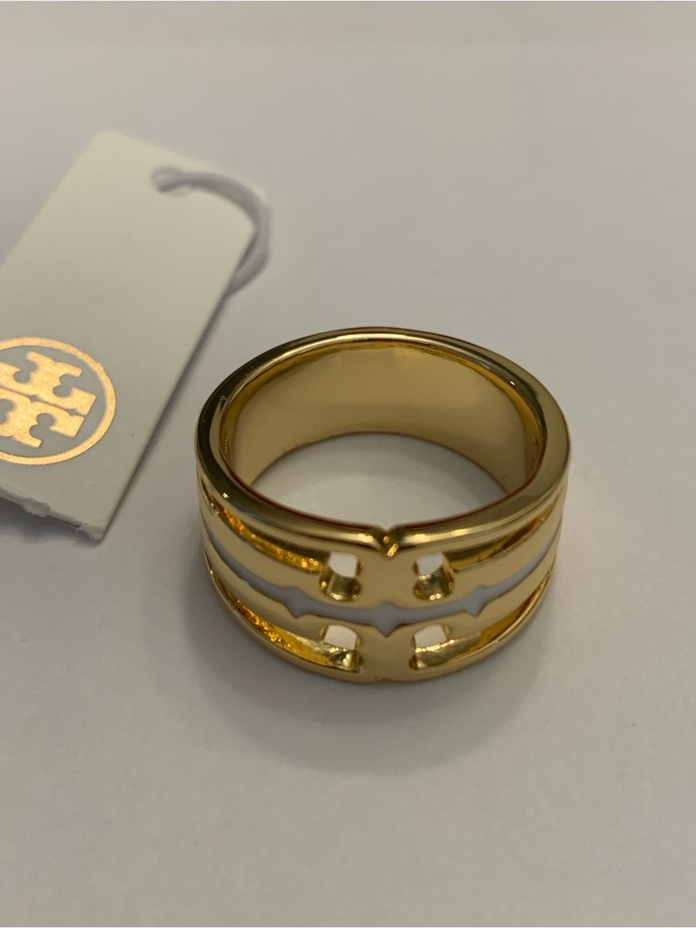 Tory Burch Gold and Cream Two-Tone Ring SIZE8